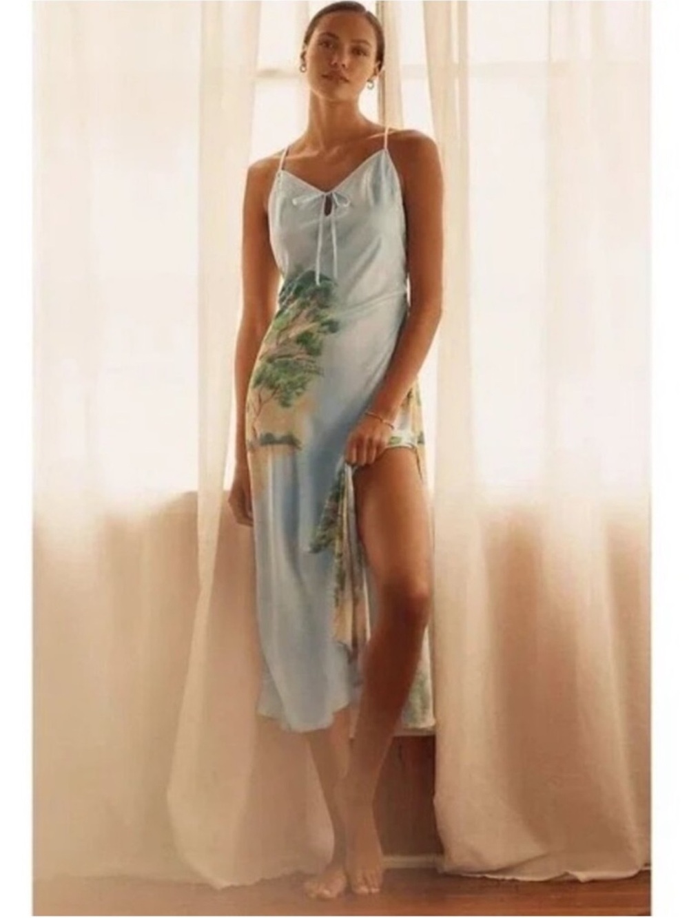 Anthropologie Light Blue Slip Midi Dress with Green Tree Print